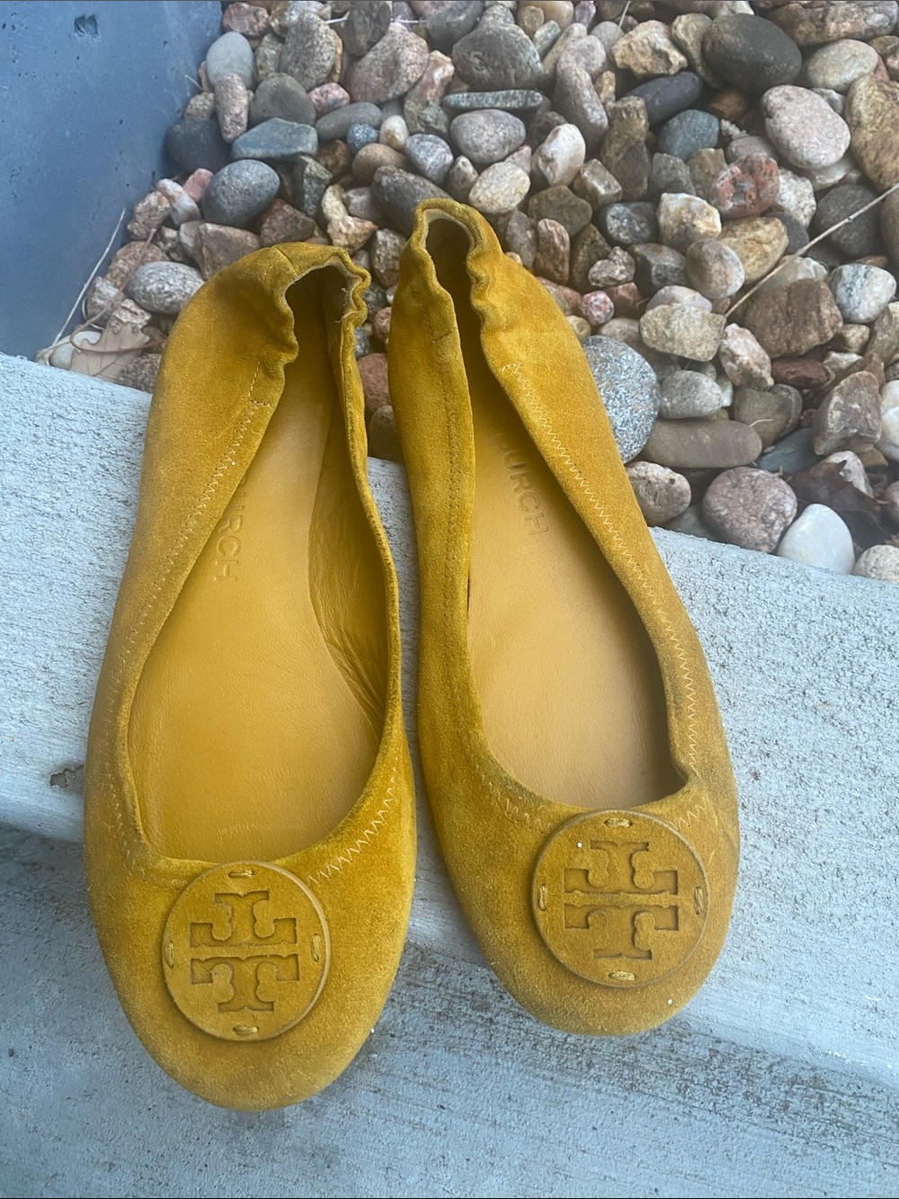 Tory Burch Yellow Suede Logo Ballet Flats